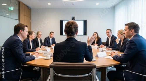 Female politician and group of people in business suits at round table  talking and discussing at conference.