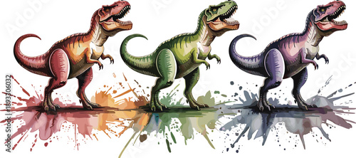 Colorful tyrannosaurus rex dinosaurs collection, watercolor splash style illustration, prehistoric animal art isolated on white background vector design creative set