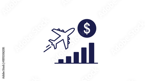 Airplane travel costs revenue and financial growth concept illustrated by ascending bar chart