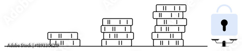 Financial security, savings management, investment growth, wealth planning, business strategy, digital safety. Stacks of coins growing in height towards a padlock. Financial security and savings