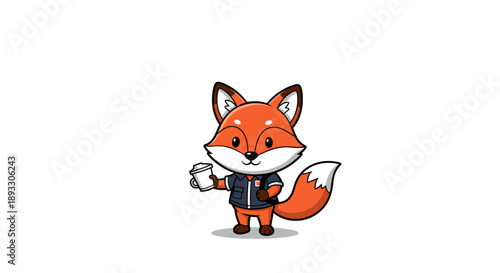 Cute cartoon fox holding a coffee cup.