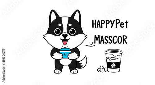 Cute cartoon husky dog holding a coffee cup.