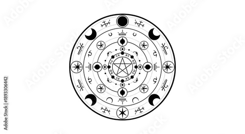 Mystical Occult Pentagram Symbol with Celestial Elements.