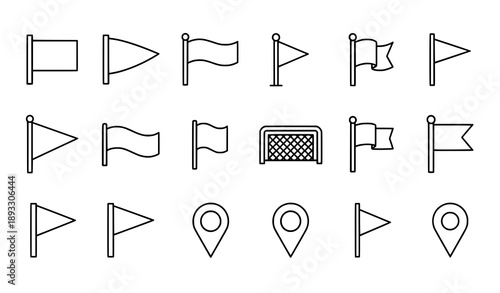 Thin line black flag icon collection in monoline style isolated on white vector
