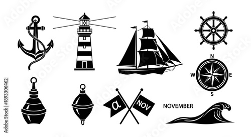 Nautical Themed Icons Collection Featuring Anchor Ship Lighthouse and Compass.