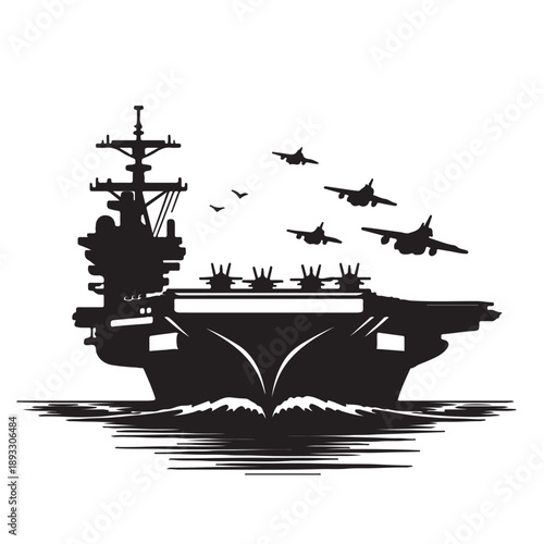 Aircraft Carrier Silhouette Vector with Fighter Jet, Military Navy Illustration