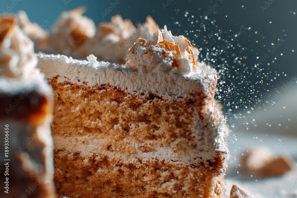 Fototapeta premium Artisanal layered cake showcasing frosting swirls, crumbs, and sugar granules, cozy dessert scene with soft natural illumination 