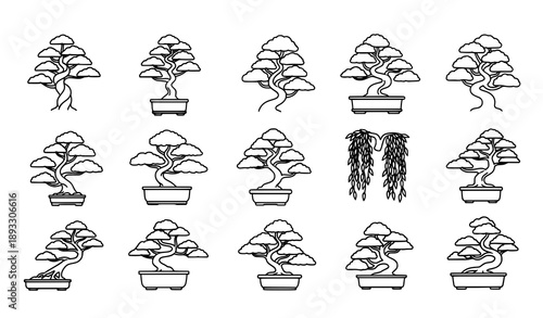 Monoline black bonsai icon collection with outline tree symbols isolated on white