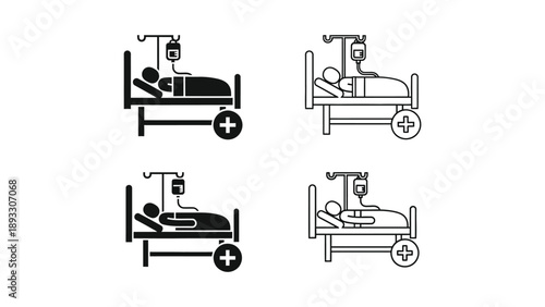 Collection of patient icons showing sick person resting in hospital bed with intravenous drip