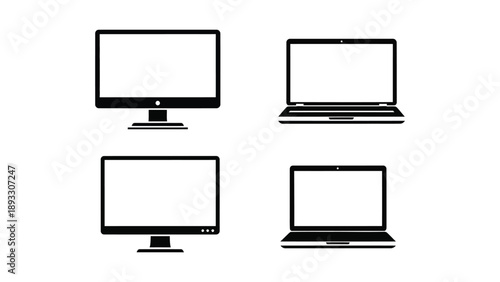 Collection of computer monitor and laptop screen icons representing digital technology and hardware