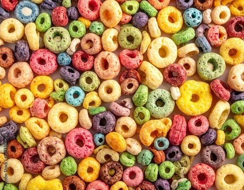 Close-up of assorted, colorful breakfast cereal in ring shapes
