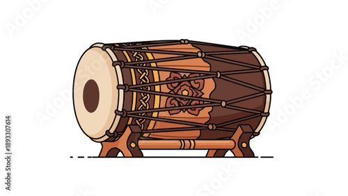 Vibrant vector art of a traditional cultural drum, intricately carved and placed on a stand, ideal for illustrating musical heritage and global artistic themes