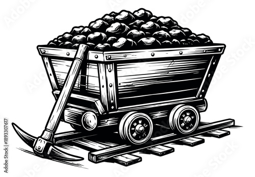 Hand drawn line art illustration of a mine cart depicting coal and a pickaxe resting on railway tracks for mining and energy themes
