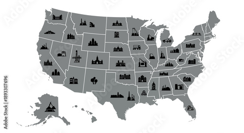 United States Map Illustration Depicting Industrial Sites and Manufacturing Facilities Across States, Symbolizing National Economic Landscape and Regional Production