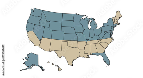 Map of the United States showing different climate zones or regions based on a dividing line