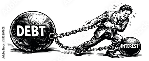 Hand drawn line art illustration of a businessman depicting financial struggle with debt and interest for financial concepts