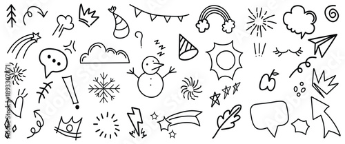 Hand drawn doodle icons set of weather elements and seasons isolated on white background vector illustration