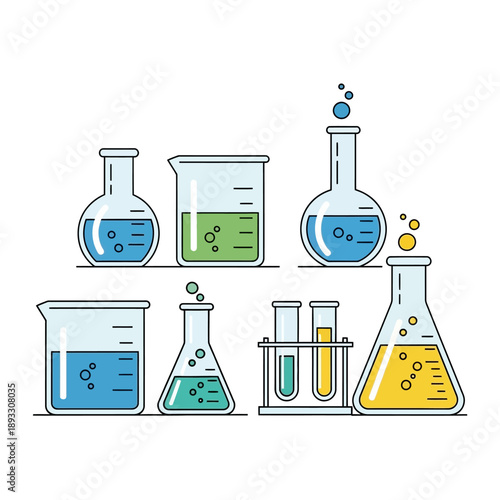 Laboratory glassware with colorful liquids and bubbles, science, chemistry, research, medical