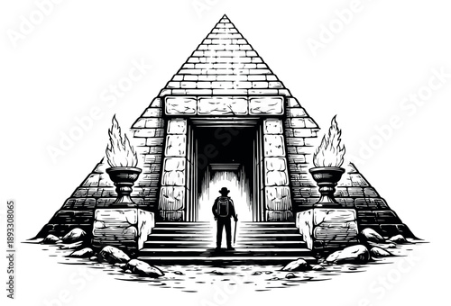 Hand drawn illustration of an ancient pyramid depicting an adventurer exploring for a mystery journey