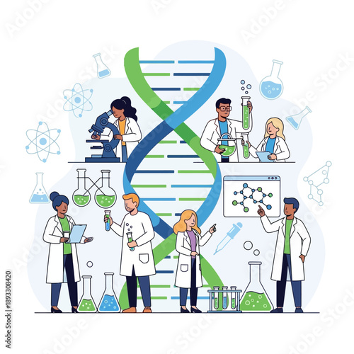 Diverse scientists conduct research around DNA helix, molecular structures, and lab equipment