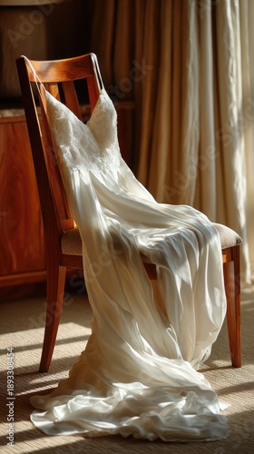 Elegant Bridal Dress Display Highlighting Lace, Satin, and Gentle Shadows
