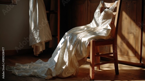 White Wedding Gown Draped Over Wooden Chair in Soft Natural Light
