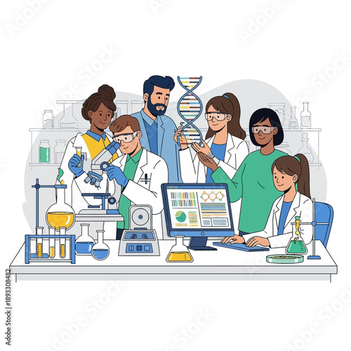 Diverse scientists collaborate on DNA research in modern laboratory setting.