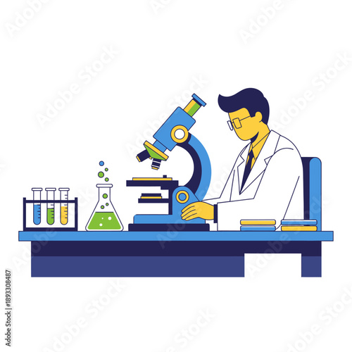 Scientist in Lab Coat Using Microscope with Test Tubes and Flask