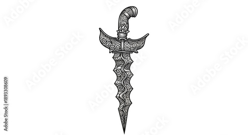 Ancient medieval dagger ornate hand-drawn sketch isolated.