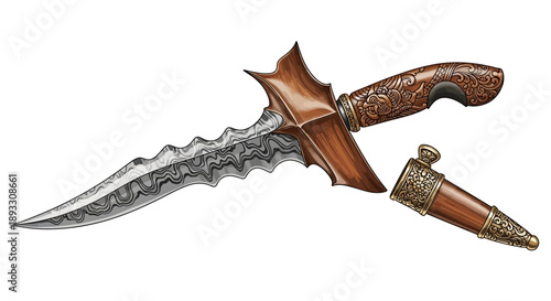 kris dagger with ornate wooden handle and sheath.