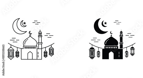 Islamic Mosque with Crescent Moon and Stars