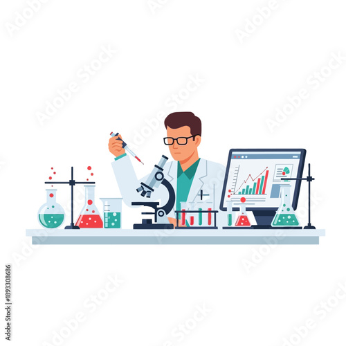 Scientist working in laboratory with microscope, computer and lab equipment