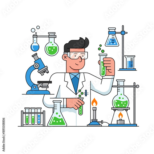 Scientist in Lab Holding Test Tubes with Green Liquid and Microscope