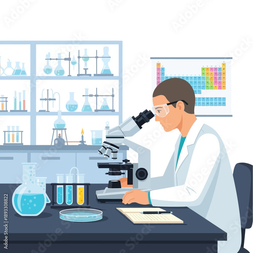 Scientist working with microscope in modern laboratory with scientific equipment