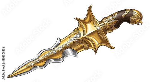 Golden fantasy dagger with ornate handle.