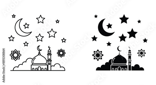 Islamic Mosque Silhouettes with Stars and Moon