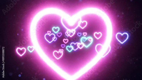 Neon Heart Glow Loop – Colorful Floating Hearts on Dark Background in 4K