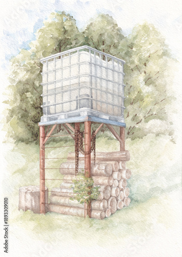 A water barrel for water supply on iron supports outside in a village, vintage rural landscape, watercolor painting