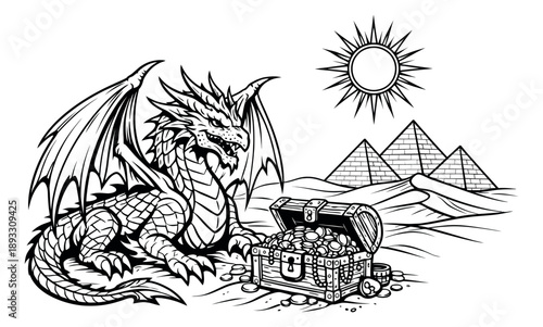 Hand drawn line art illustration of a dragon depicting it guarding a treasure chest full of gold in a desert with pyramids for fantasy adventure themes