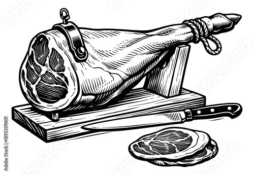 Hand drawn line art ham carving set featuring a whole leg of ham on a carving stand with a knife and sliced portions for food and restaurant design