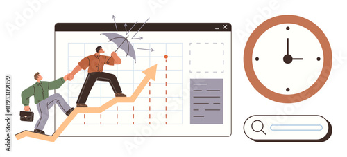 Business growth, teamwork, time management, collaboration strategy, digital resources, data analysis. Two individuals ascend an arrow on a graph. Business growth and teamwork concept