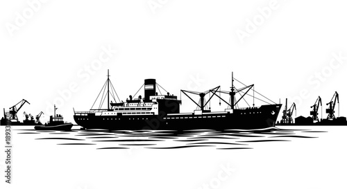 Silhouette of a large cargo ship at sea.