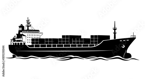 Silhouette of a large cargo ship sailing on the sea.