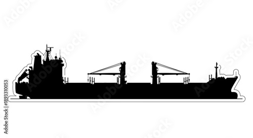 Silhouette of a Large Cargo Ship with Cranes.