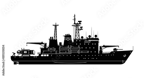 Silhouette of a large naval research vessel with multiple decks and equipment.