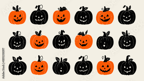 Halloween Pumpkins Pattern with Orange and Black Jack O Lanterns.