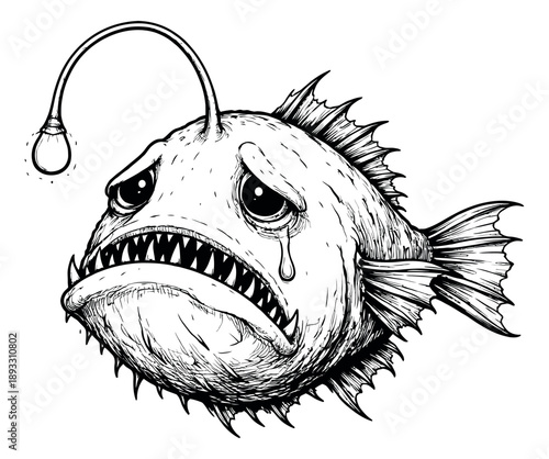 Hand drawn line art illustration of a crying anglerfish depicting sadness for marine life concepts