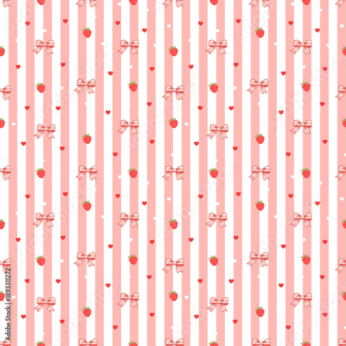 Minimal graphic pattern, cute tone. pink white background Red strawberries, pink bows, and small heart shapes, both red and light pink, can be used as fabric patterns, gift wrapping paper patterns, w