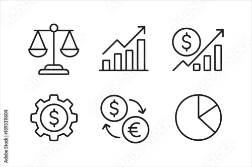 A collection of linear icons representing law finance economics and business concepts high quality