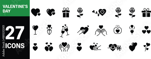 Valentine's Day love icons, romantic heart symbols, silhouette vector set, holiday elements, black design, festive clipart, celebration graphics, romance